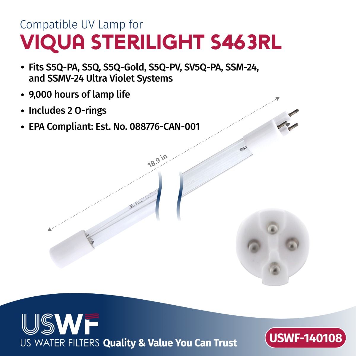 Replacement for VIQUA S463-QL UV Lamp/Sleeve Combo by USWF | Fits the VIQUA S5Q, SV5Q-PA, & SSM-24 Series UV Systems