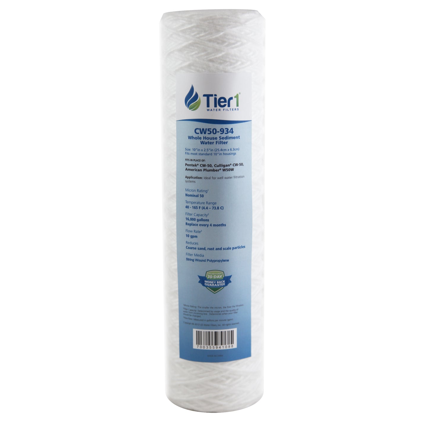 10 X 2.5 Spun Wound Polypropylene Replacement Filter by Tier1 (50 micron)