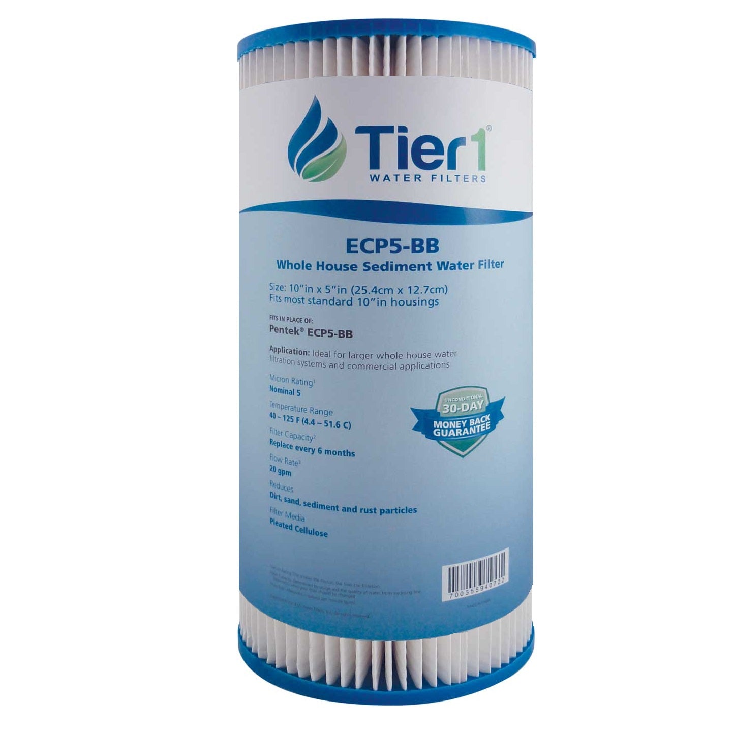 10 X 4.5 Pleated Cellulose Replacement Filter by Tier1 (5 micron) - WaterFilters.NET