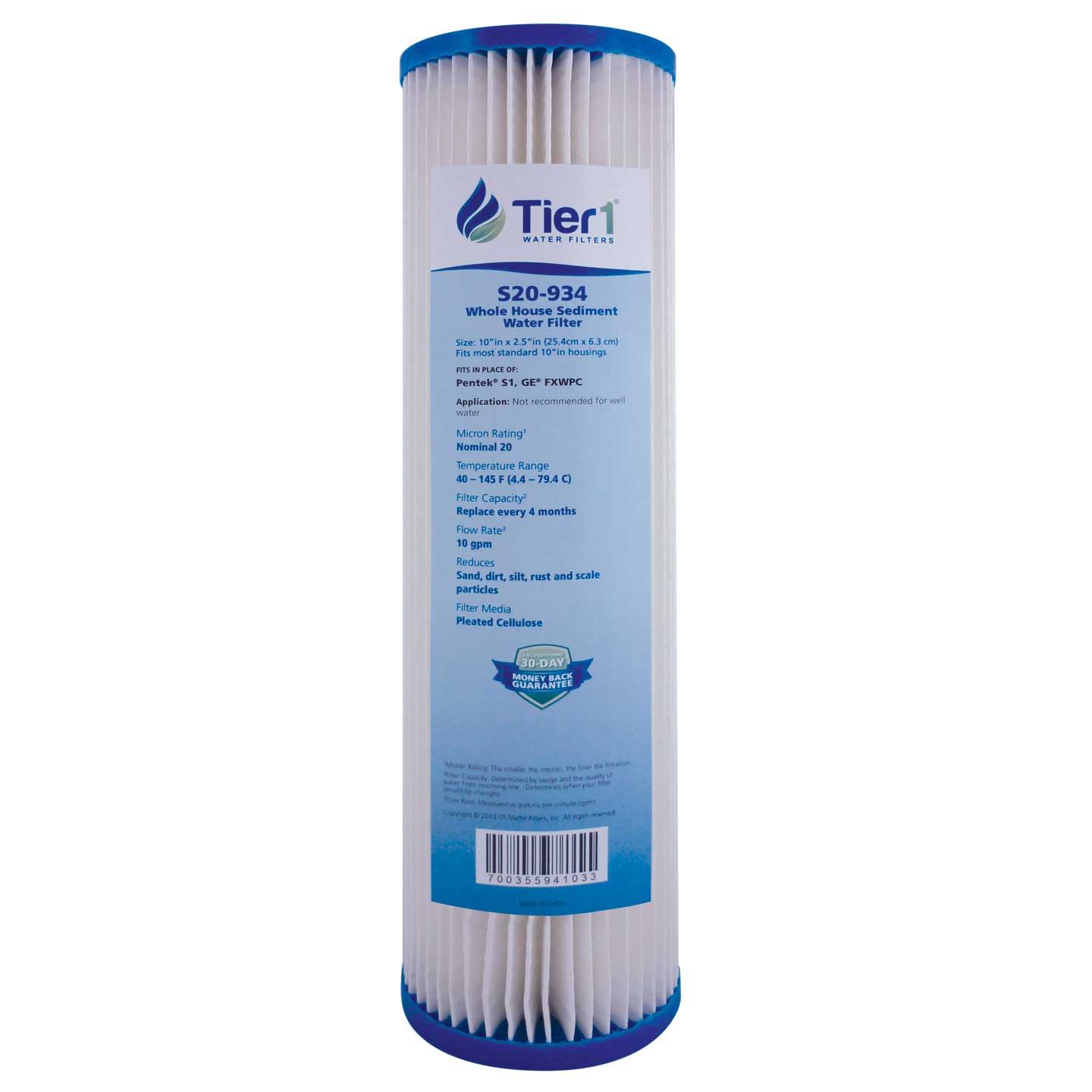 10 X 2.5 Pleated Cellulose Replacement Filter by Tier1 (20 micron) - WaterFilters.NET