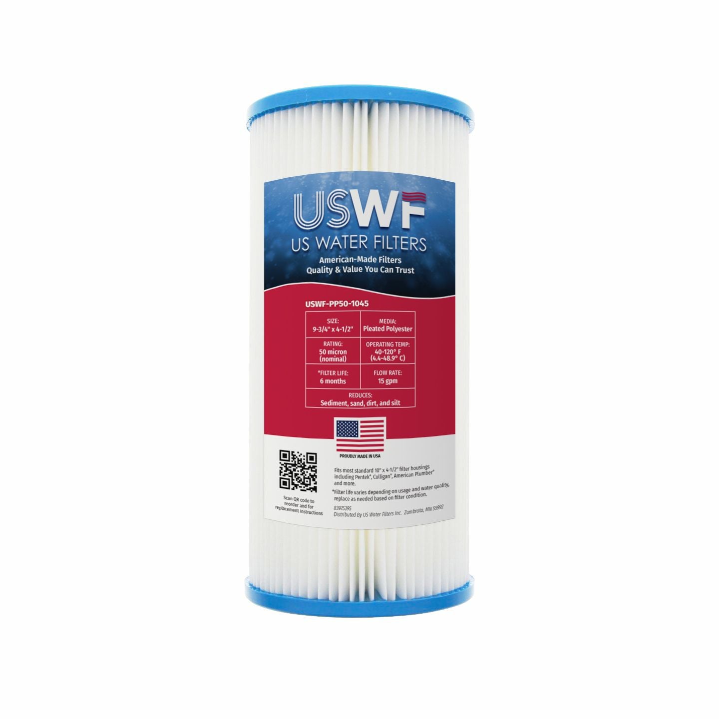 50 Micron Pleated Polyester Sediment Filter by USWF 10"x4.5" - WaterFilters.NET