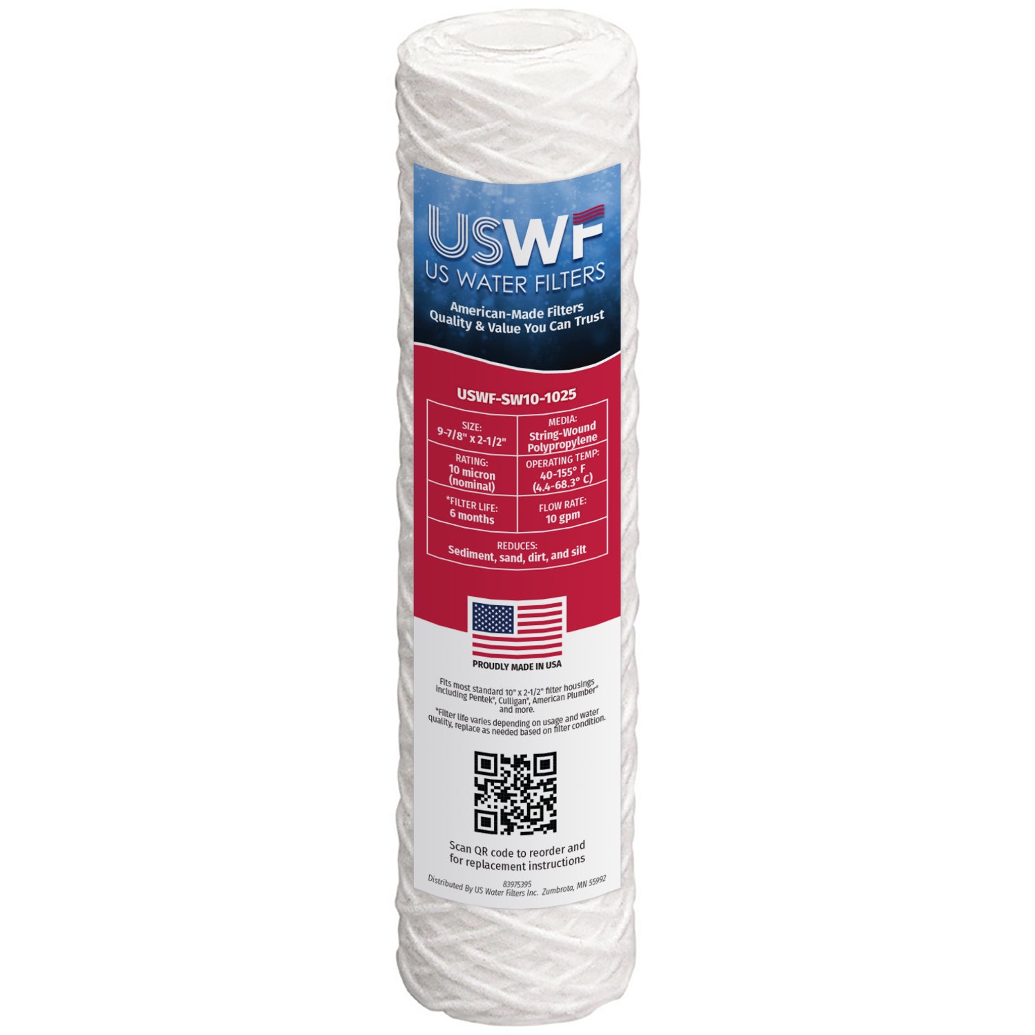 10 Micron String Wound Sediment Filter by USWF 10"x2.5" - WaterFilters.NET